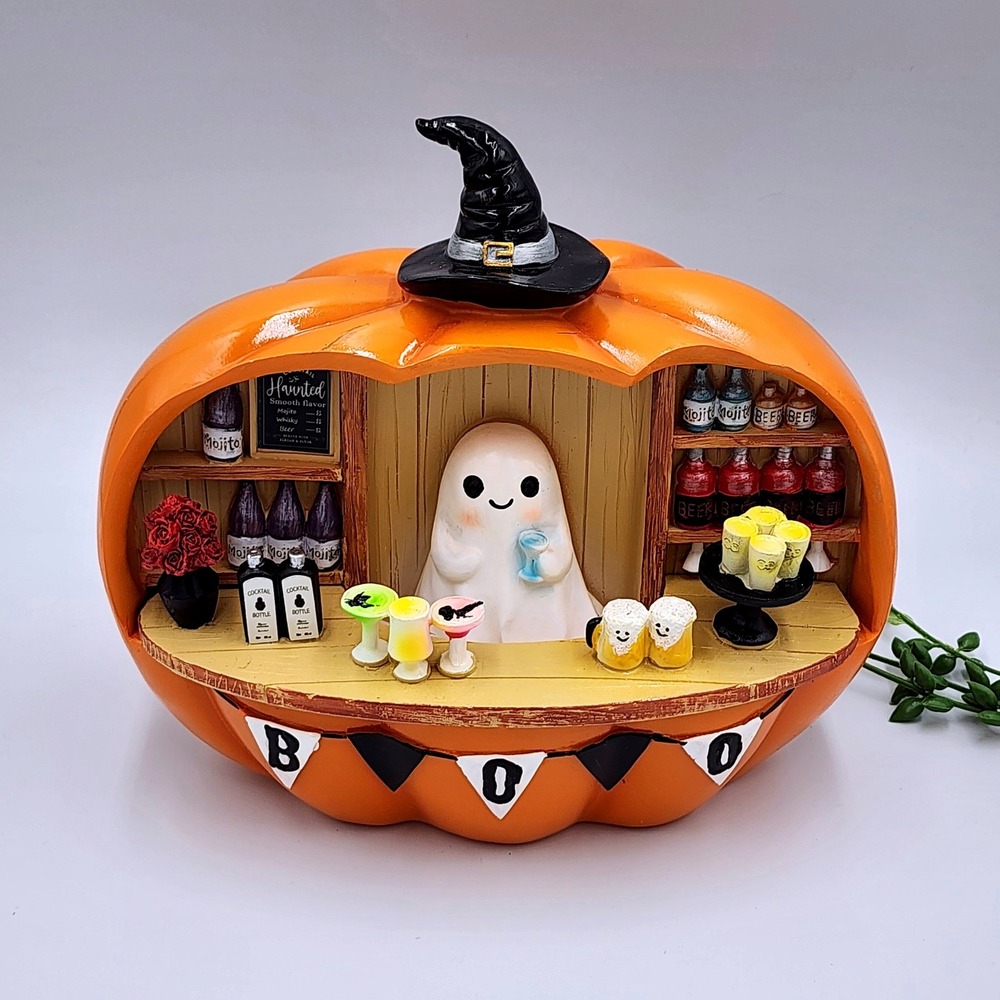 Halloween Ghost Pumpkin Bar Figurine Orange Spooky Whimsical 9" Haunted Bar Boo - Picture 1 of 10